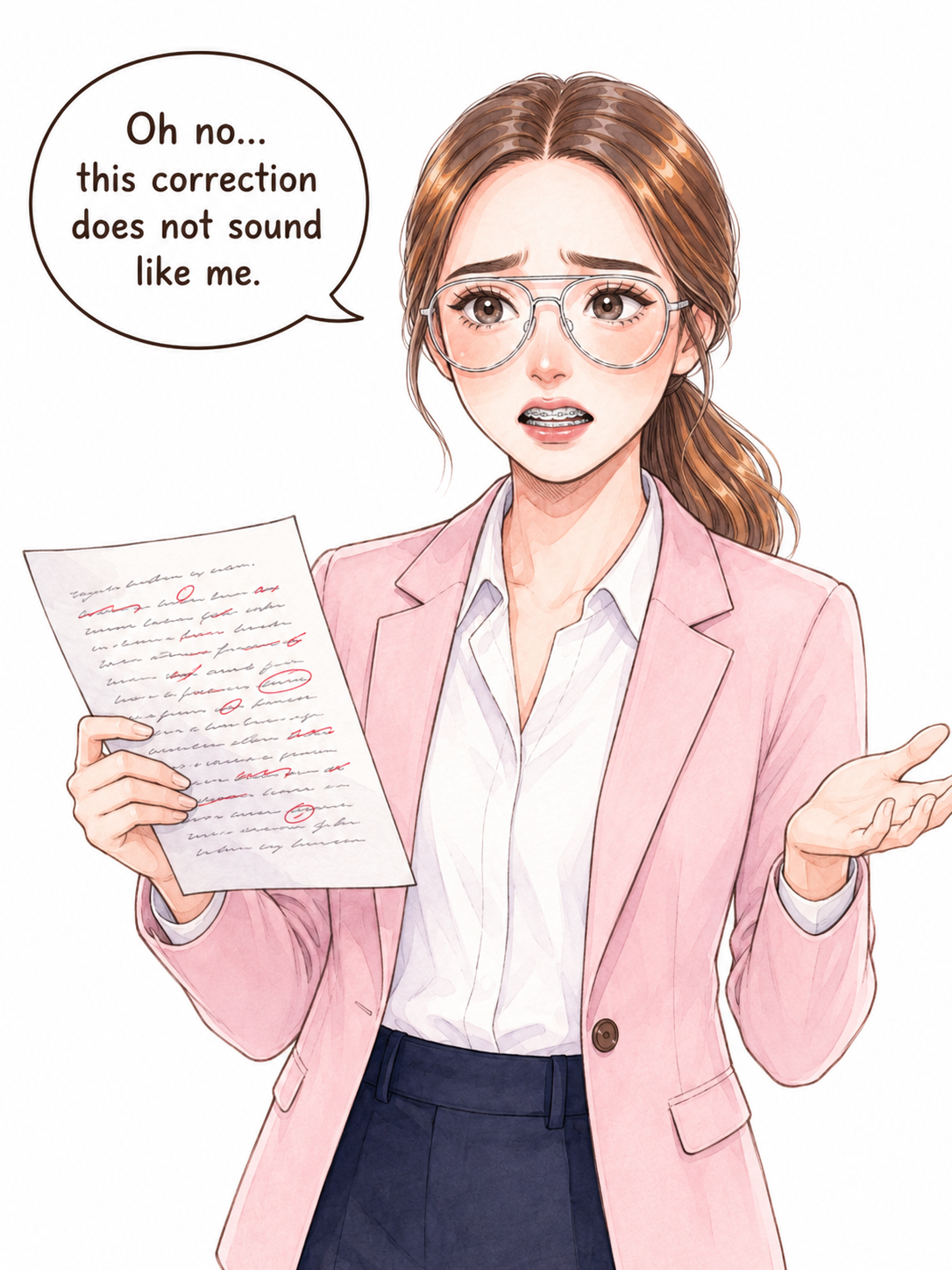 Comic guide worried that a writing correction does not sound like her.