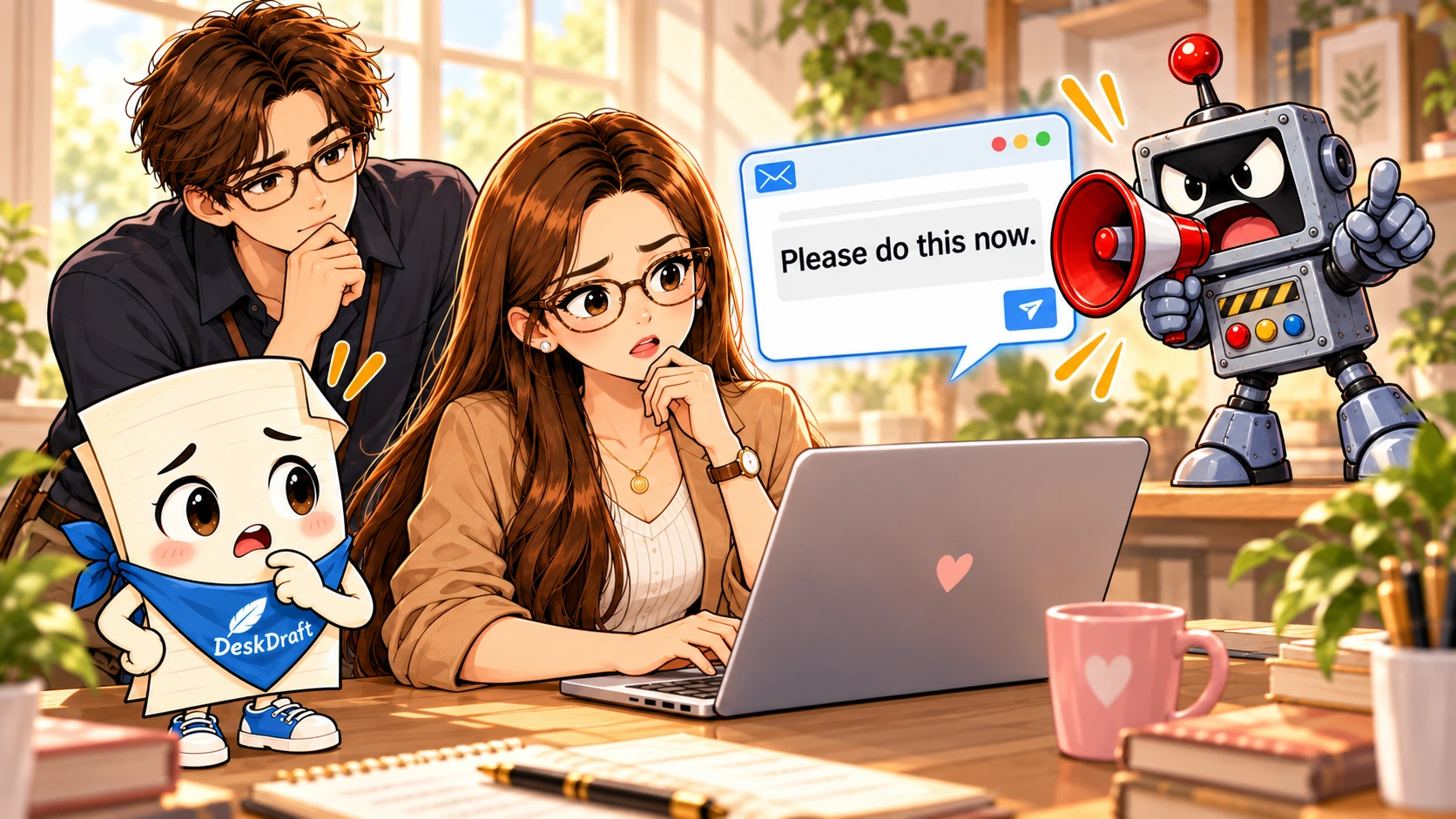 Patricia coordinates a small project with Draft, Reed, and Bossy Bot