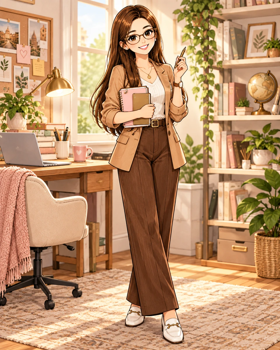 Patricia, a writer with brown hair and glasses, holding her notebook in her workspace